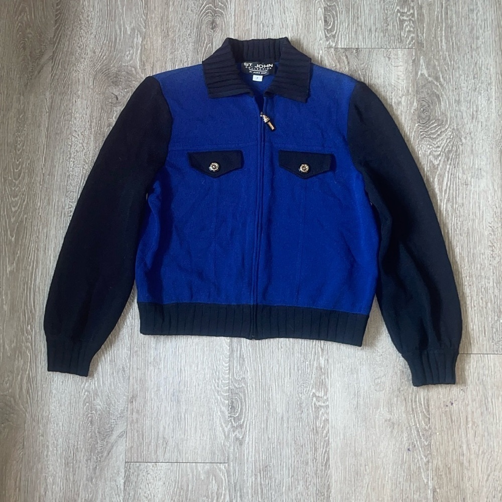 St. John Navy Marie black and blue  Zipper Knitted Sweater Cardigan dog show